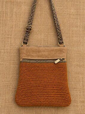 Green Jute Woven Fabric Crossbody Bag in Orange and Tan